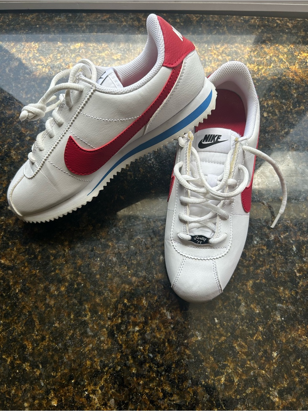 Nike Cortez basic forest Gump White Sneakers with Red Swoosh and Blue Stripe